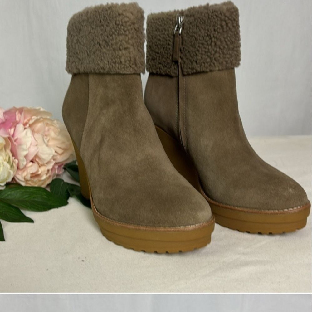 Lauren Ralph Lauren Steph Taupe Side Zip Shearling Cuff Suede Wedge Boot… - Picture 2 of 6